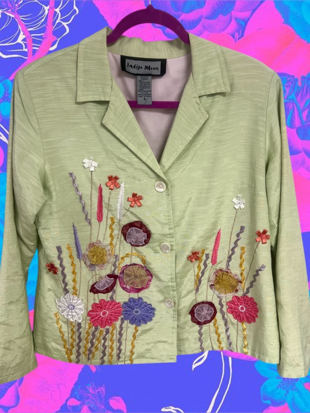 Vintage Indigo Moon mint green textured funky floral blazer